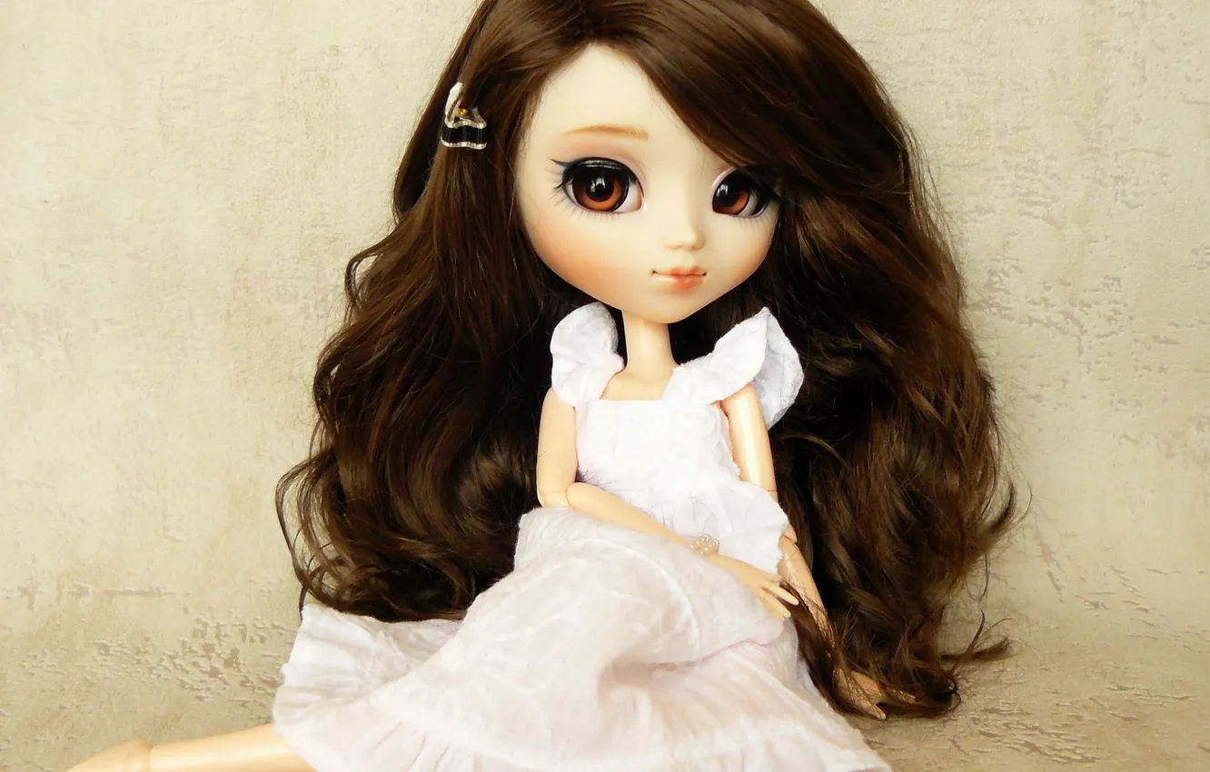 Photo wallpaper toy, doll, dress, brunette, sitting, long hair