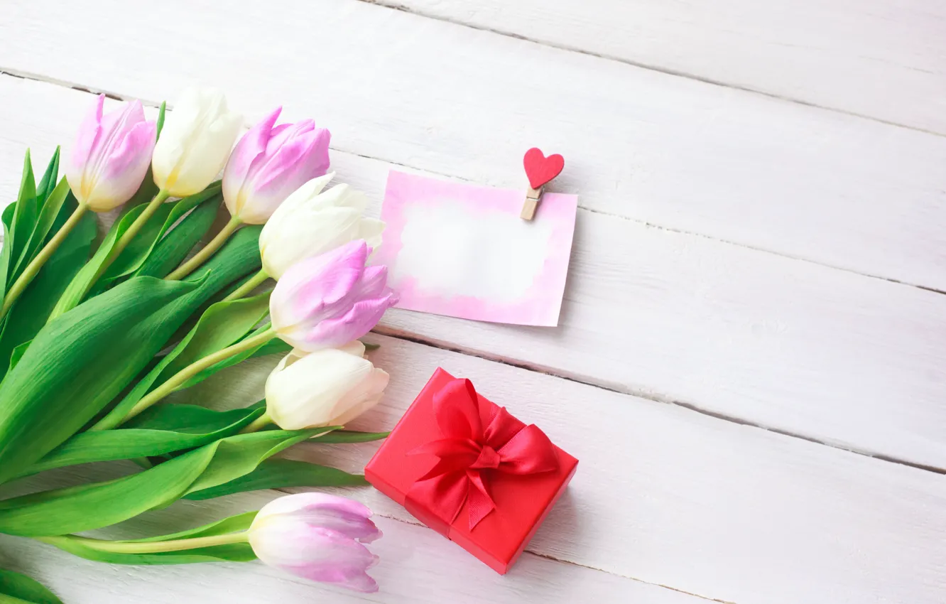 Photo wallpaper love, flowers, gift, heart, bouquet, tulips, love, pink