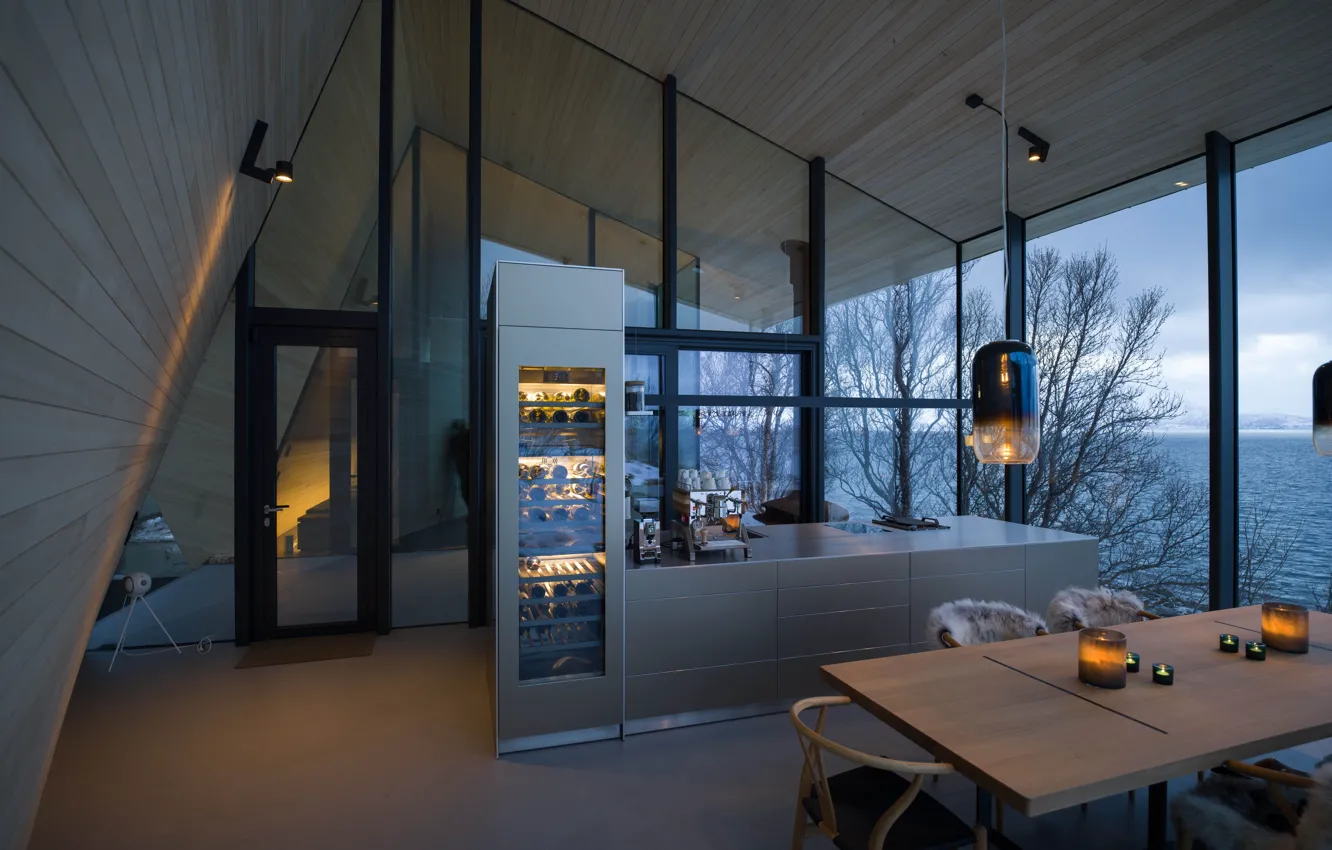 Photo wallpaper trees, the hotel, Norway, Lyngen Alps, Modern kitchen, Aurora Lodge, Modern kitchen