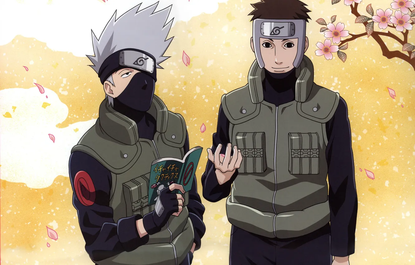 Photo wallpaper spring, petals, book, Naruto, ninja, sensei, Hatake Kakashi, Konoha