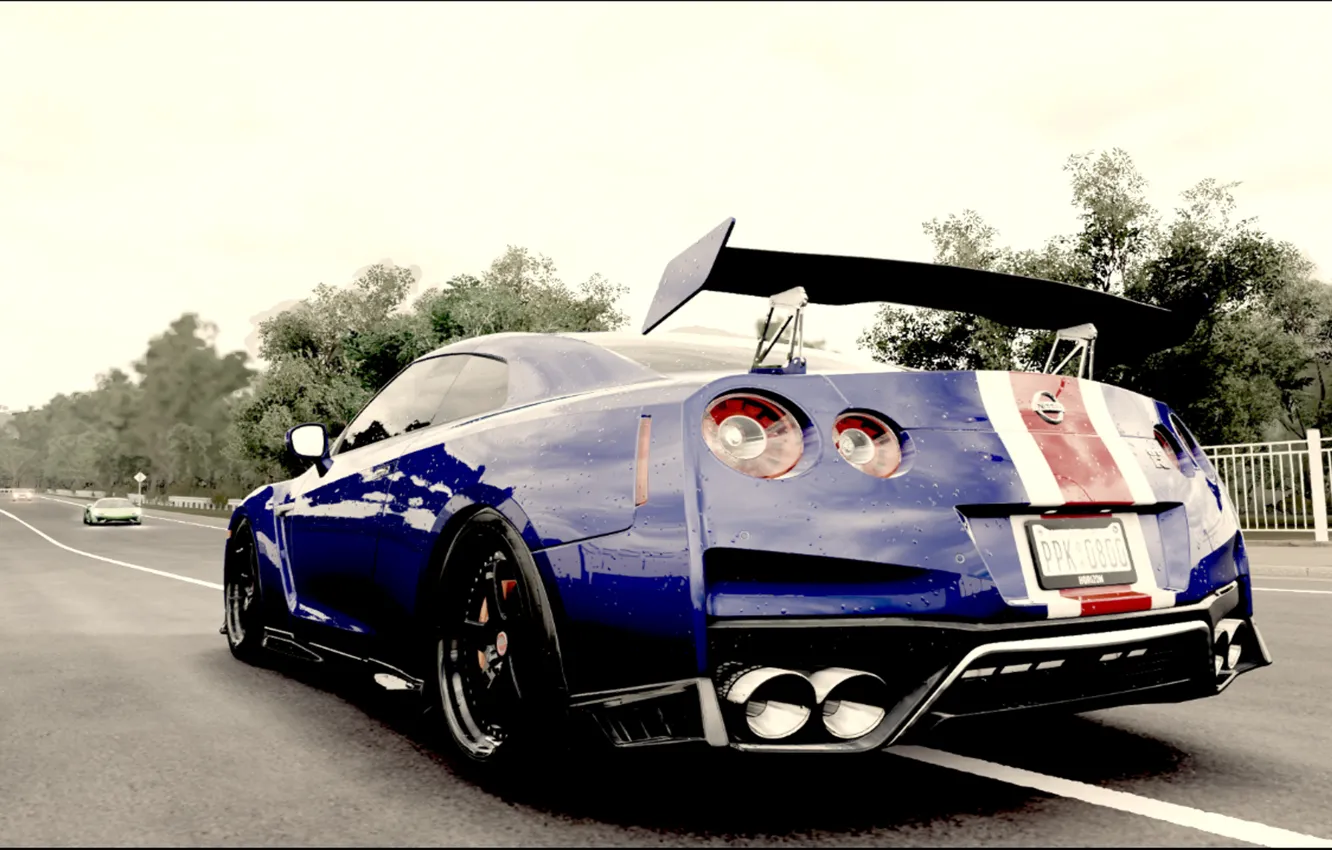 Photo wallpaper car, Nissan, game, forza horizon 3, blue and red