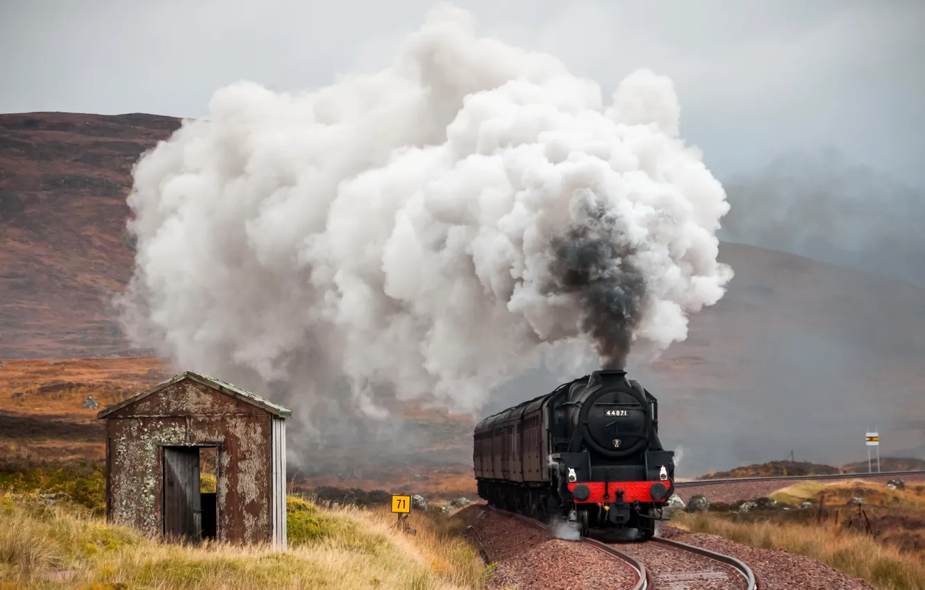 Photo wallpaper Railway, Steam, Old Hut, Locomotive