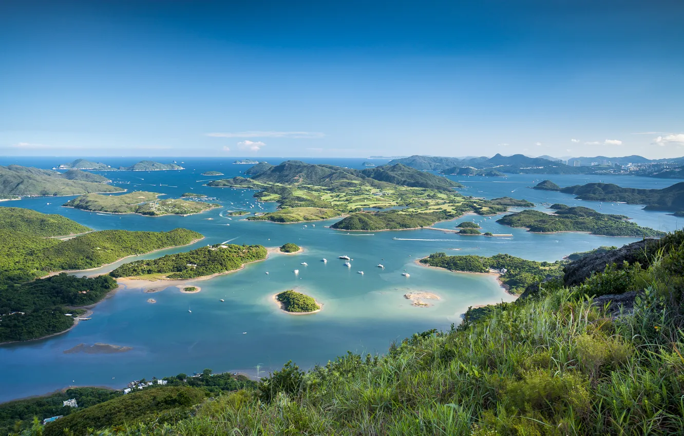 Photo wallpaper sea, grass, trees, mountains, island