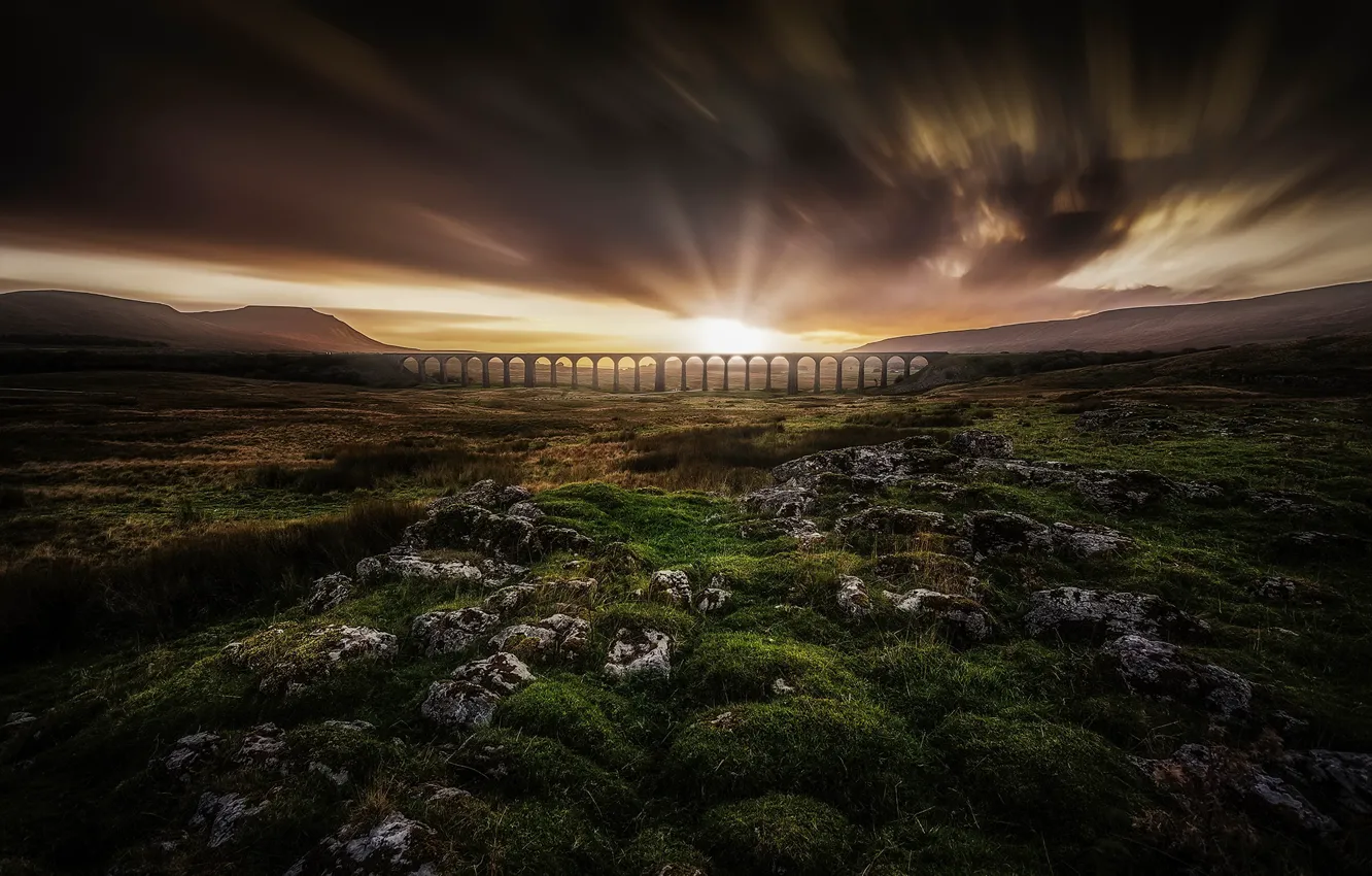 Photo wallpaper field, sunset, bridge