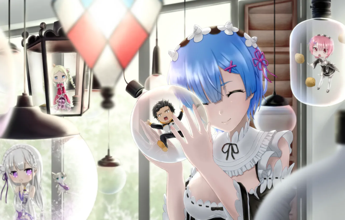 Photo wallpaper smile, lights, light bulb, blue hair, the maid, Emilia, bezel, Ram