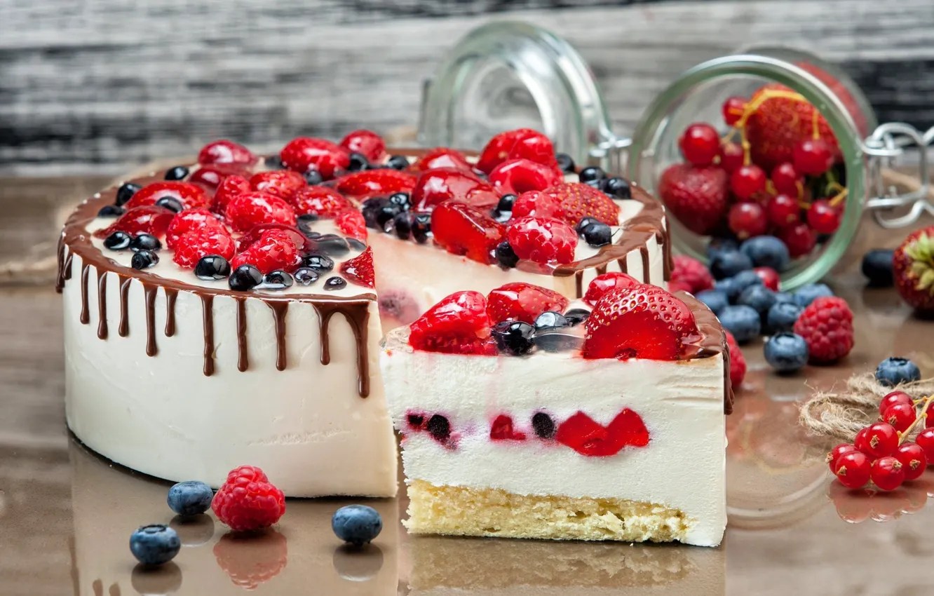 Photo wallpaper berries, raspberry, chocolate, strawberry, cake, dessert, currants, blueberries
