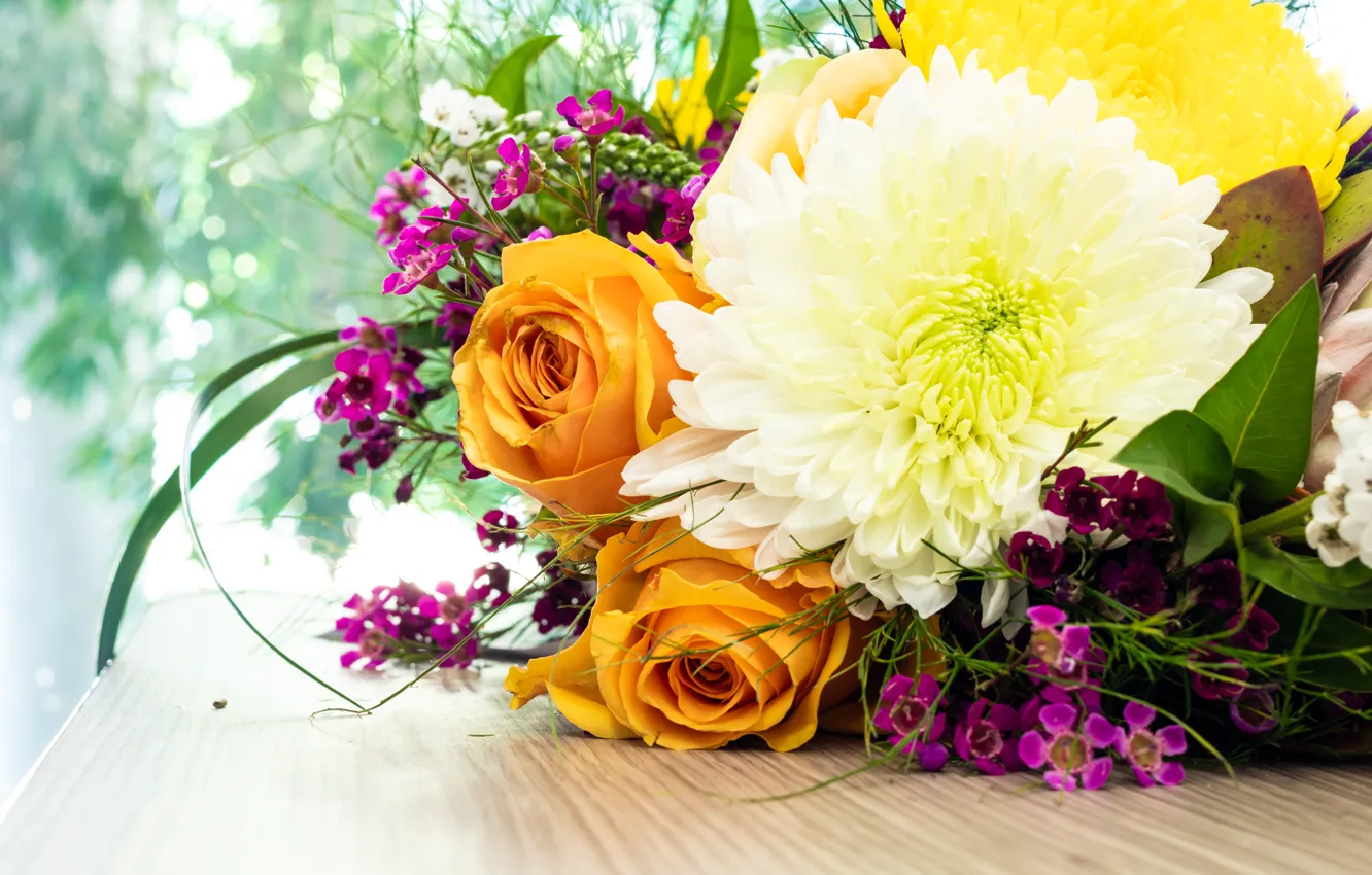 Photo wallpaper flowers, roses, bouquet, yellow, pink, white, orange, chrysanthemum