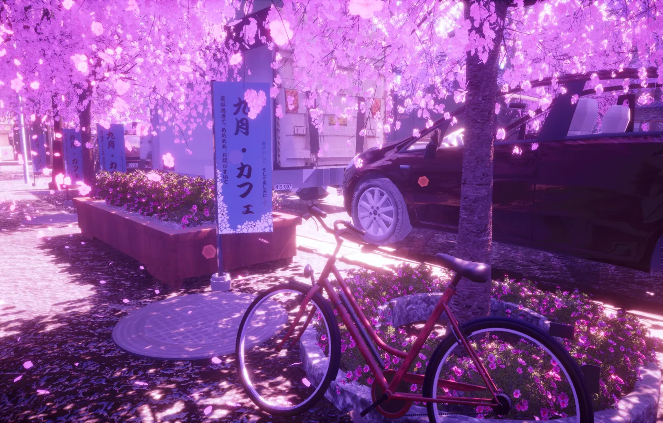 Photo wallpaper auto, flowers, bike, the city, spring, Sakura