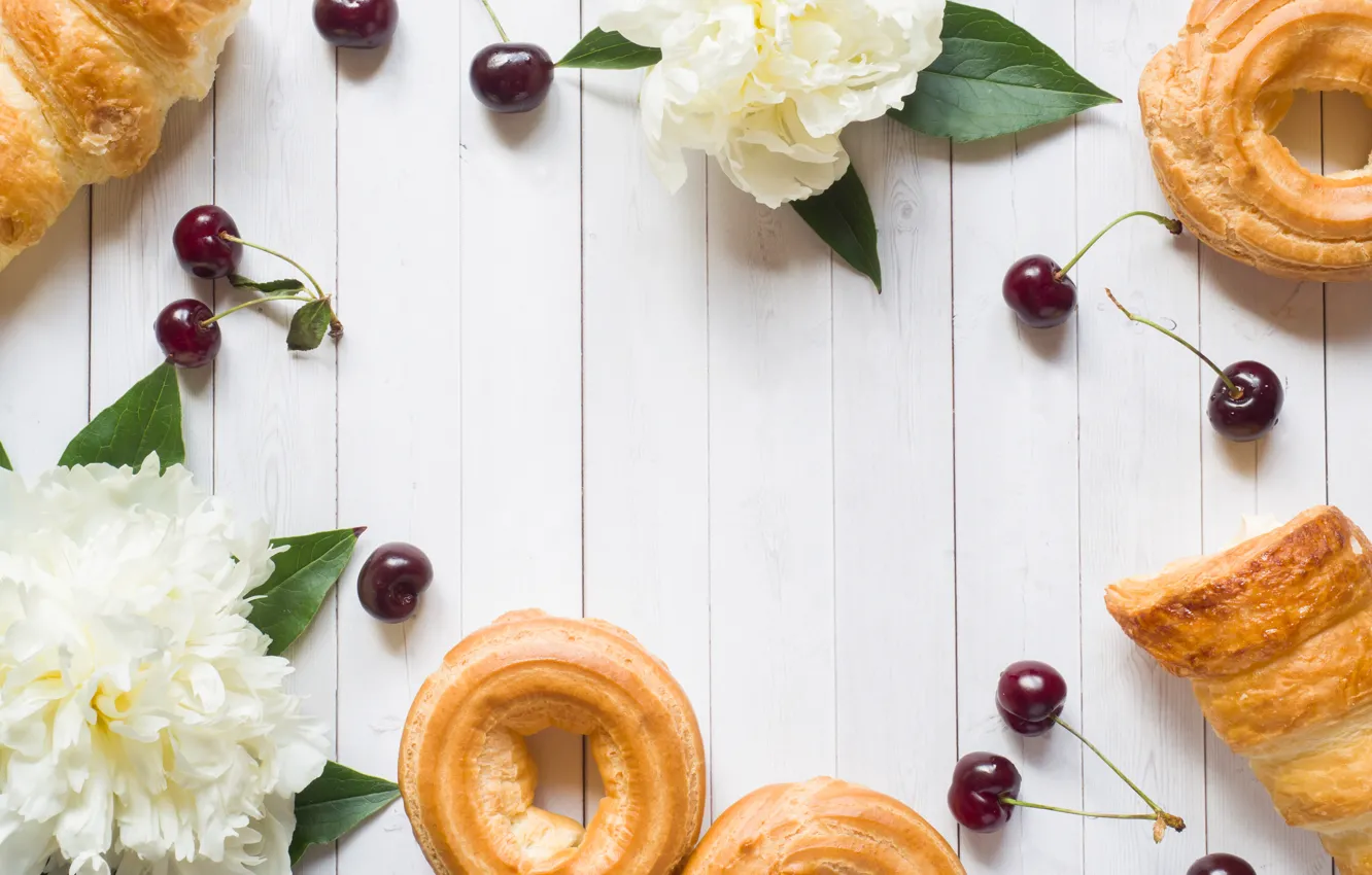 Photo wallpaper flowers, berries, white, cake, cherry, cakes, peonies, cherry