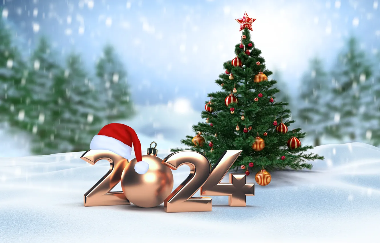 Photo wallpaper winter, snow, snowflakes, gold, tree, new year, figures, golden