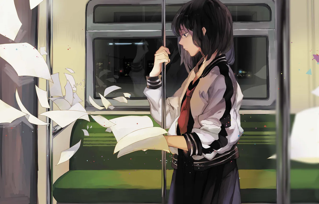 Photo wallpaper girl, paper, train, skirt, jacket, book, art, dj.adonis