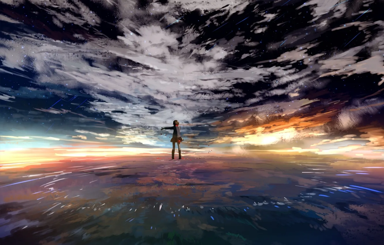 Photo wallpaper the sky, girl, stars, clouds, anime, art, ume, plumblossom