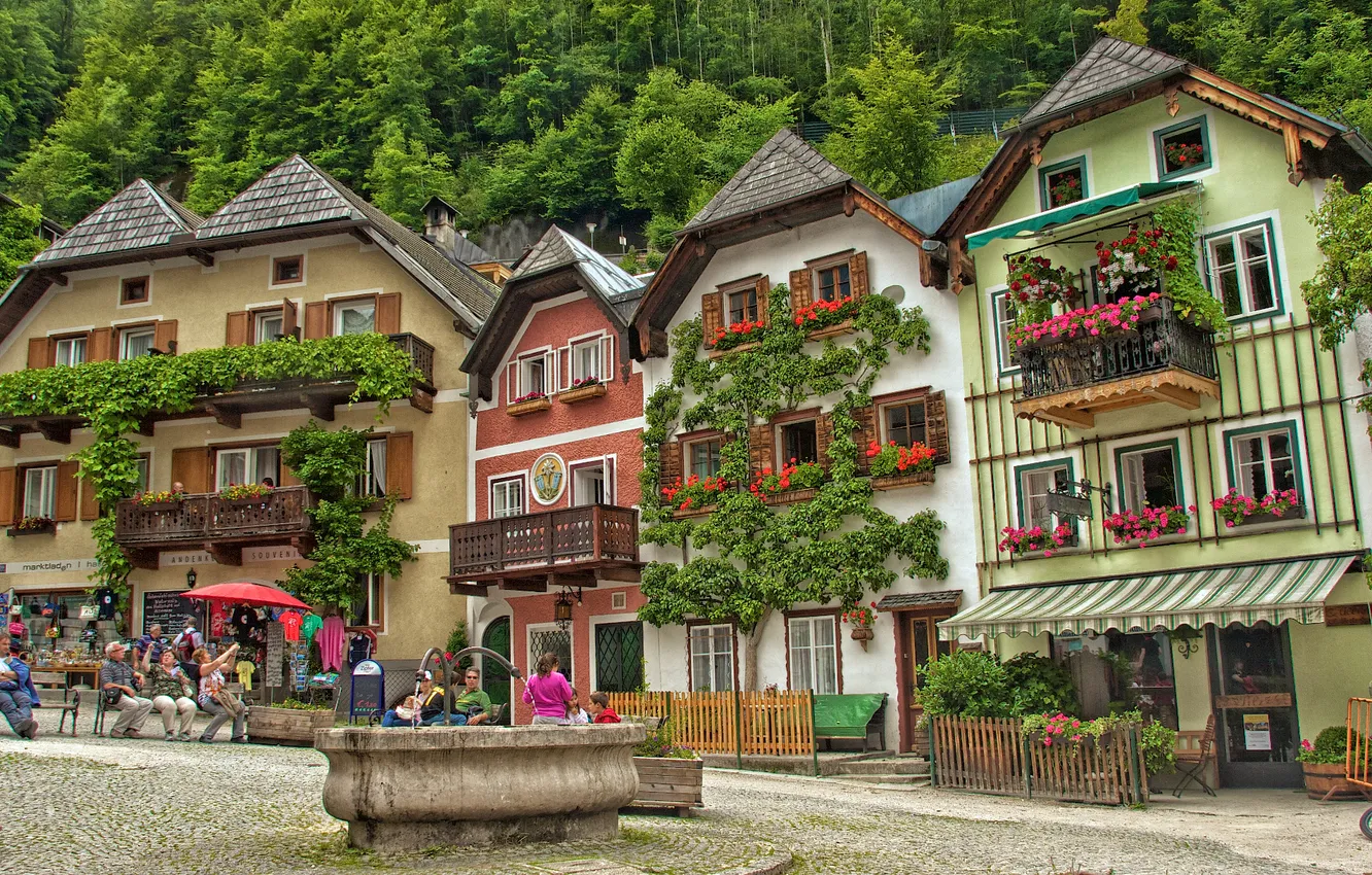 Photo wallpaper flowers, building, Austria, area, fountain, Austria, Hallstatt, Hallstatt