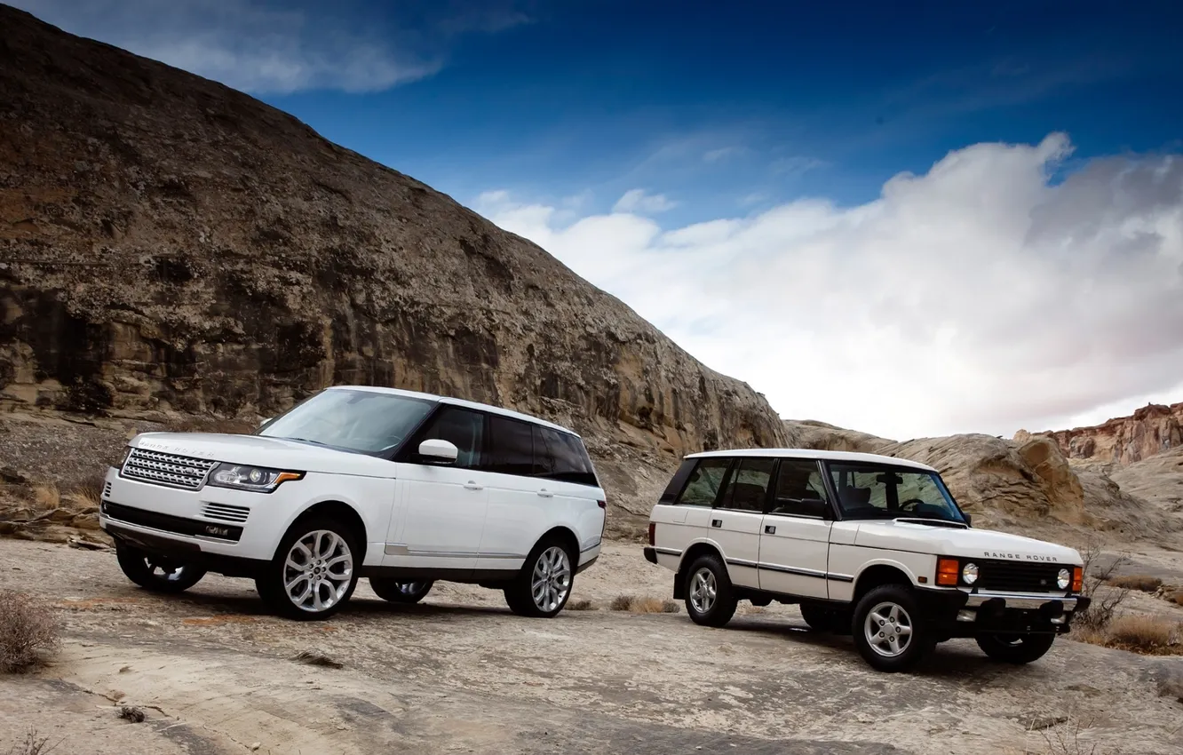 Photo wallpaper white, the sky, mountains, old, Land Rover, Range Rover, the front, new