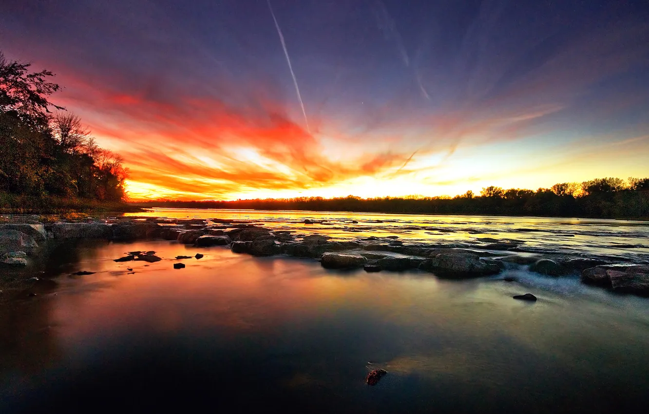 Photo wallpaper the sky, sunset, river, stones