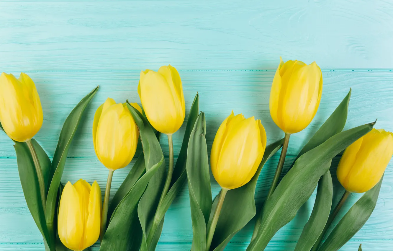 Photo wallpaper flowers, yellow, bouquet, tulips, fresh, yellow, wood, flowers