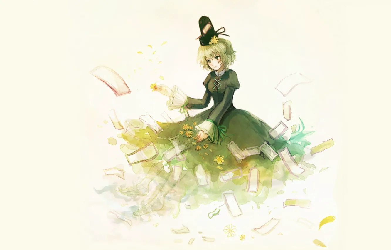 Photo wallpaper hat, black dress, priestess, paper, barefoot, Touhou Project, yellow flowers, Project East