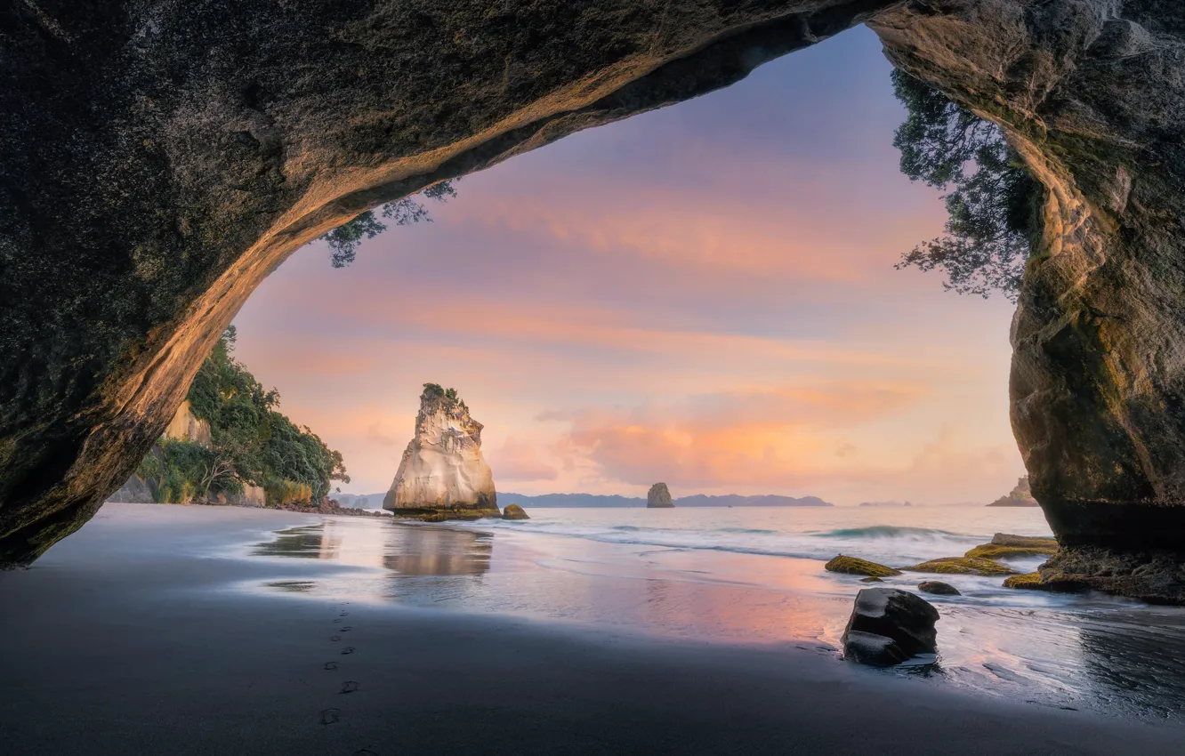 Photo wallpaper sea, beach, rocks, dawn, coast, morning, New Zealand, arch