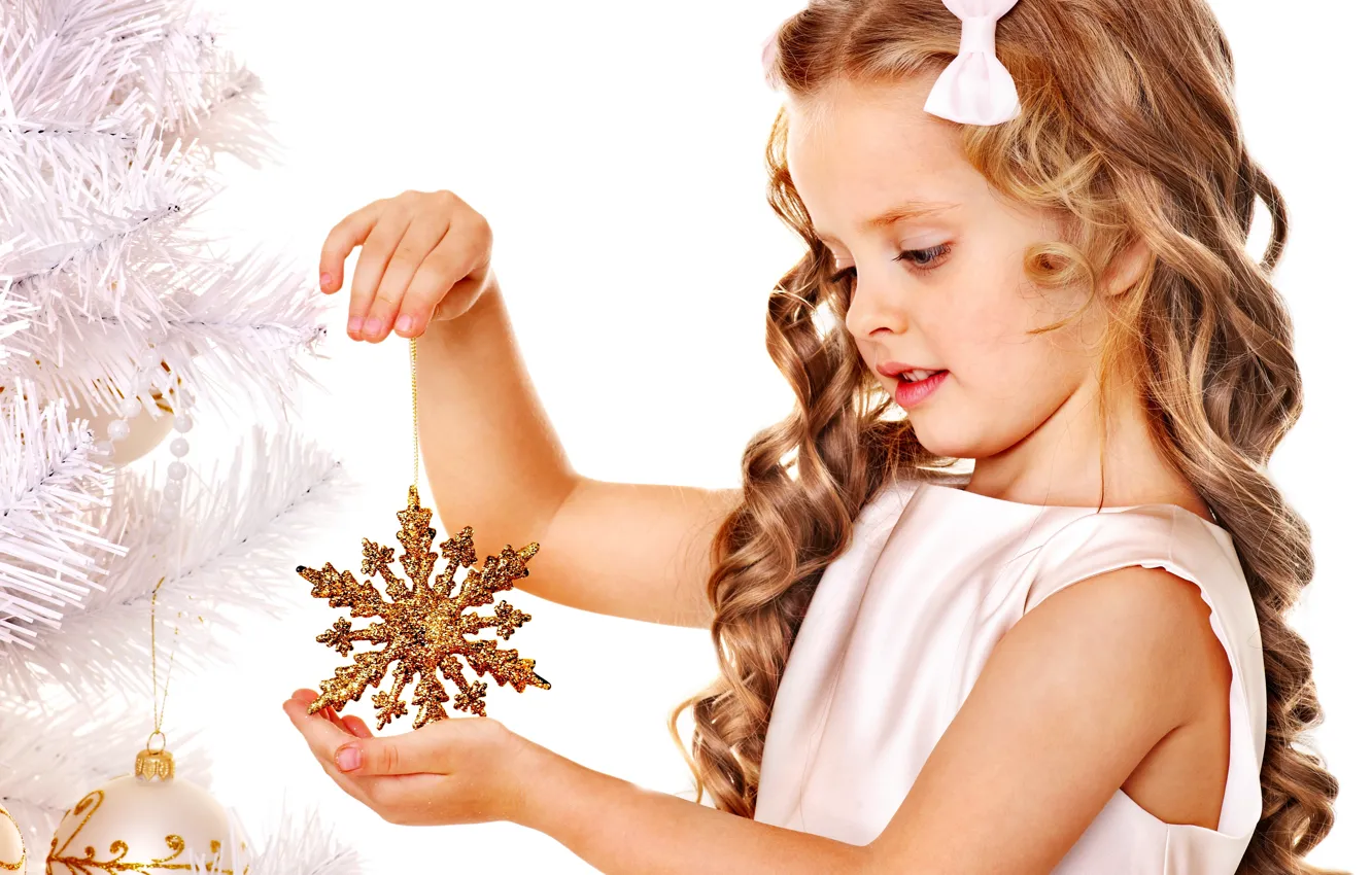 Photo wallpaper snowflakes, children, holiday, toy, tree, new year, Christmas, girl