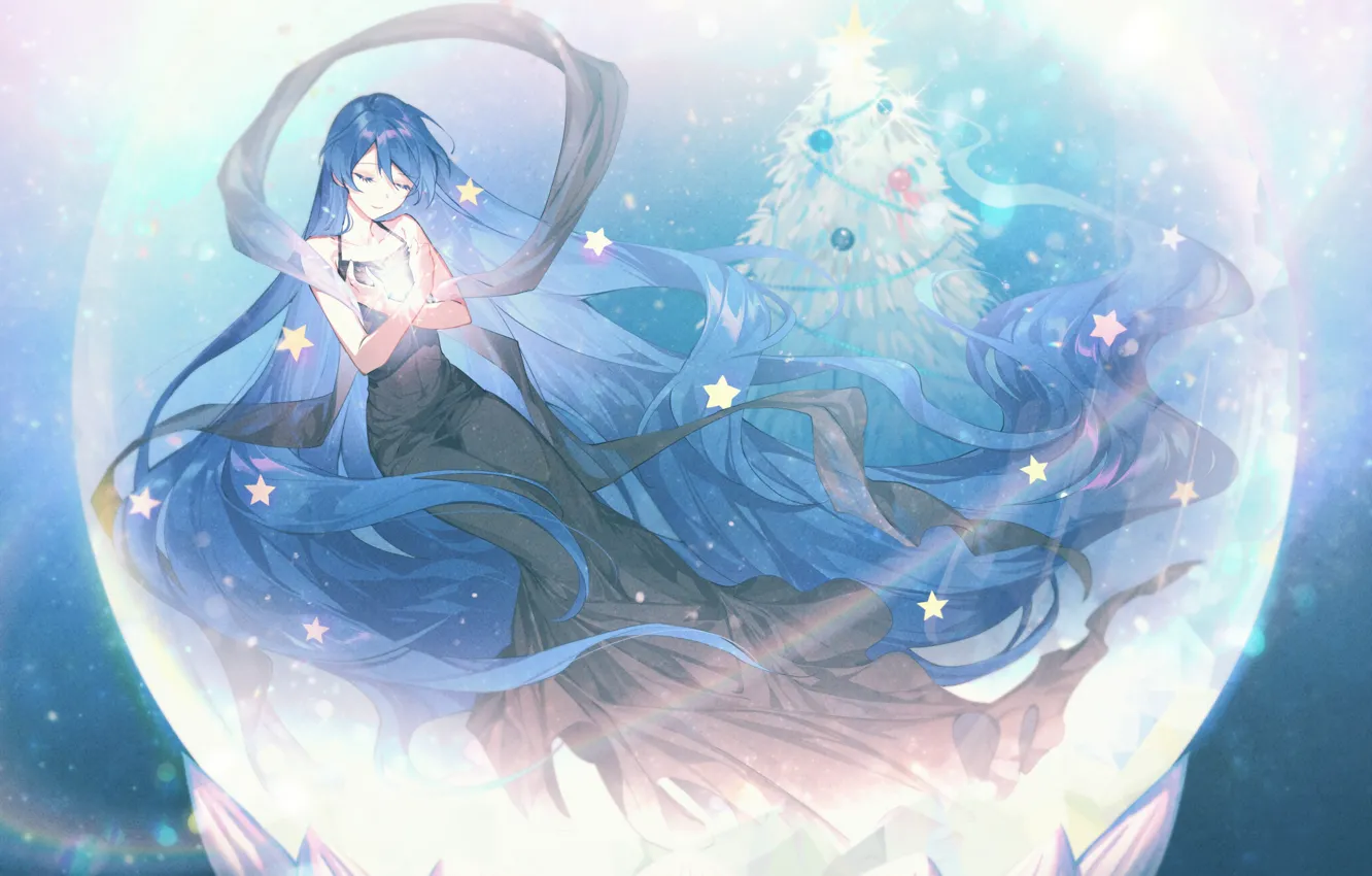 Photo wallpaper girl, tree, fantasy, Christmas, sleeping, Crystal ball