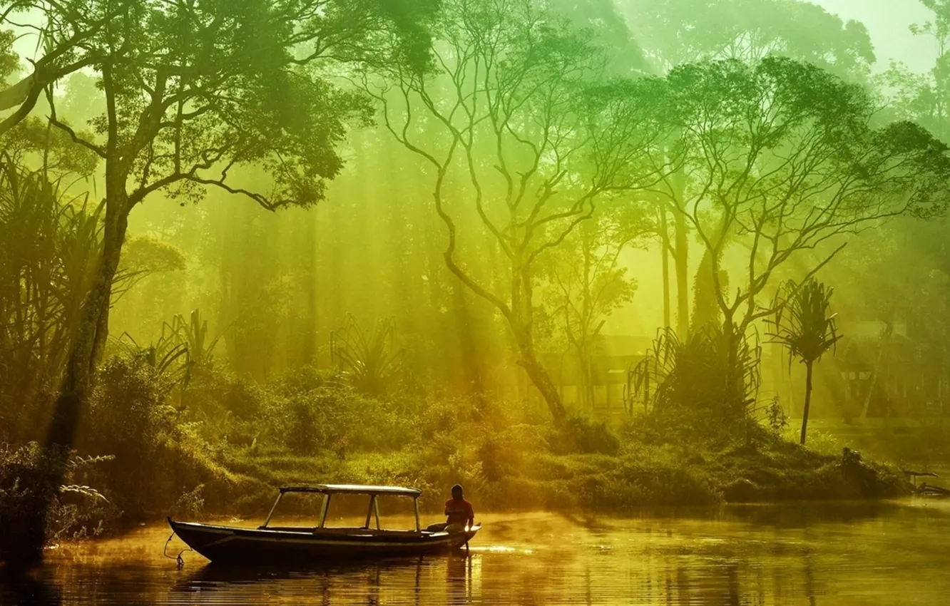 Photo wallpaper fog, river, boat, morning, jungle, the boatman, the village