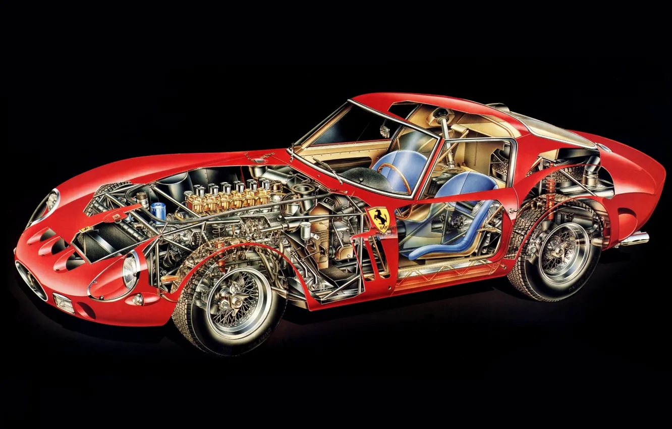 Photo wallpaper background, engine, interior, red, GTO, 1962, Ferrari 250