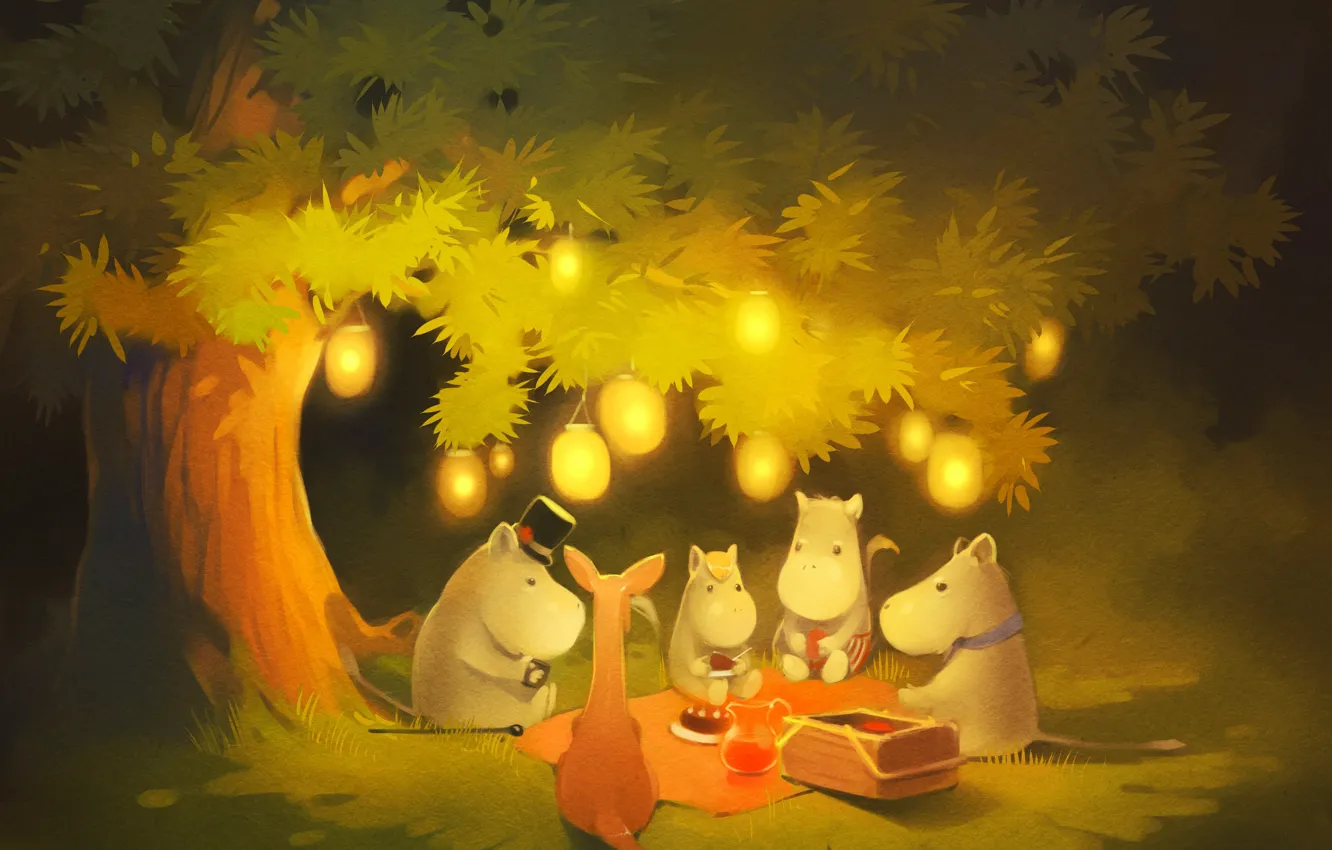 Photo wallpaper forest, trees, lights, the evening, lights, Moomintroll