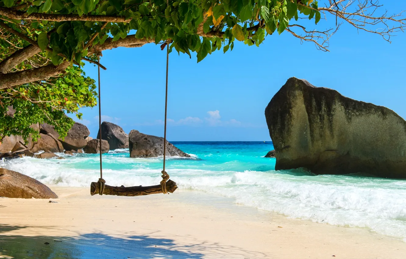Photo wallpaper sand, sea, beach, summer, trees, swing, rocks, stay