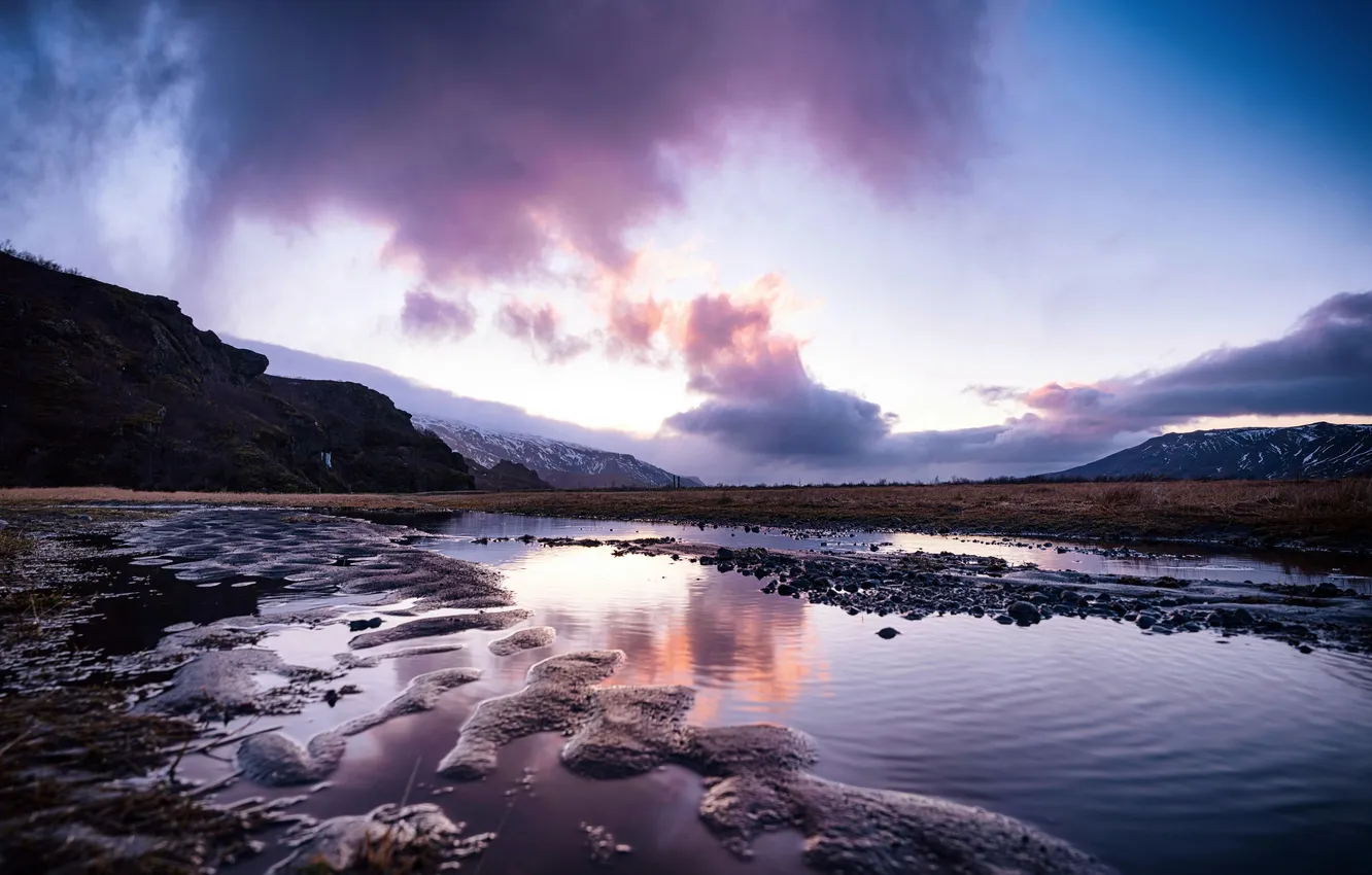 Photo wallpaper river, twilight, river, dusk, national Park, Snow mountains, snow-capped mountains, National Wetland Park