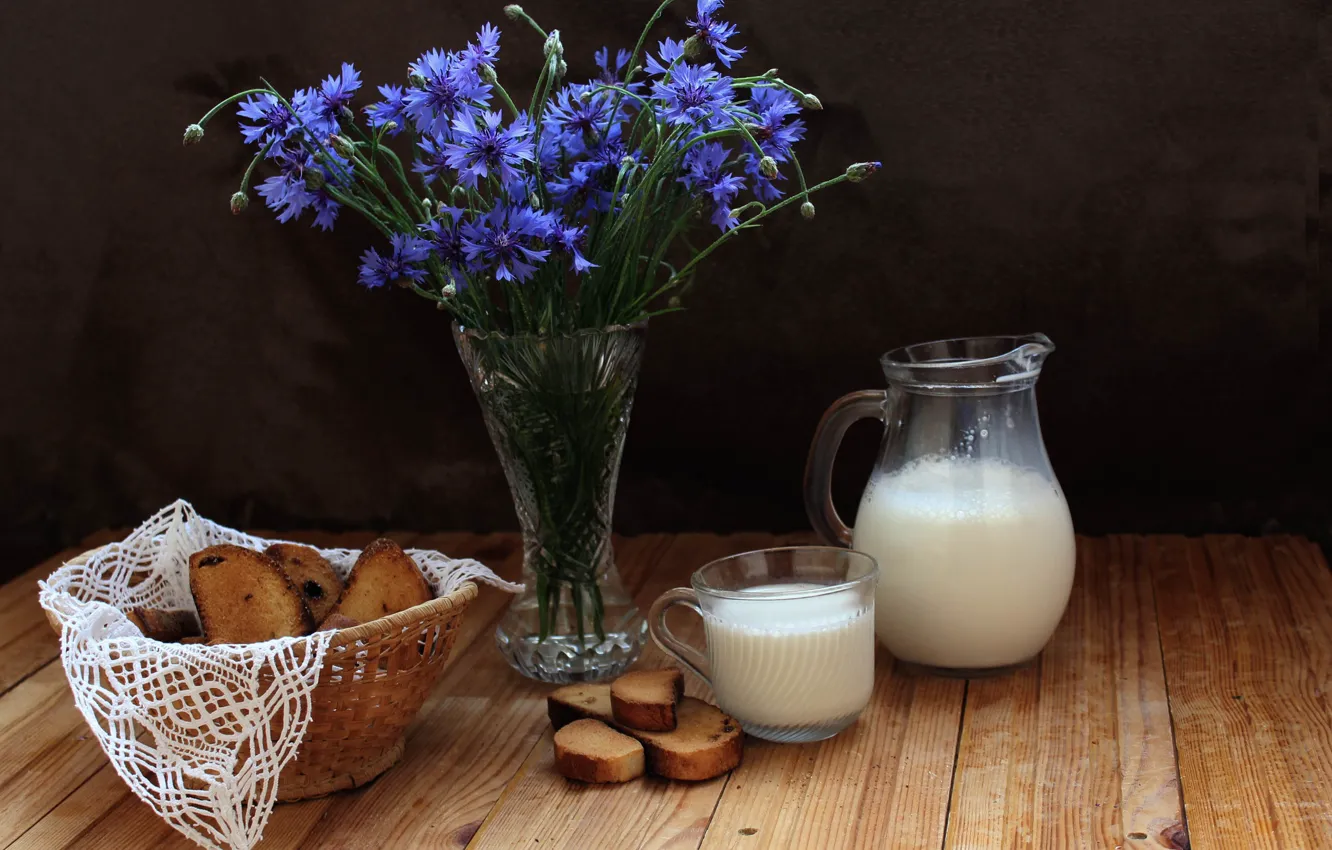 Photo wallpaper flowers, glass, table, milk, vase, pitcher, still life, cornflowers