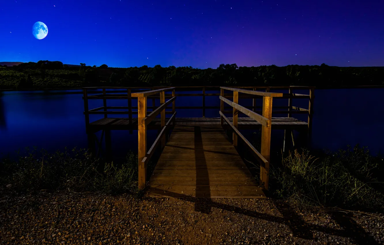Photo wallpaper the sky, grass, stars, night, pebbles, darkness, river, the moon