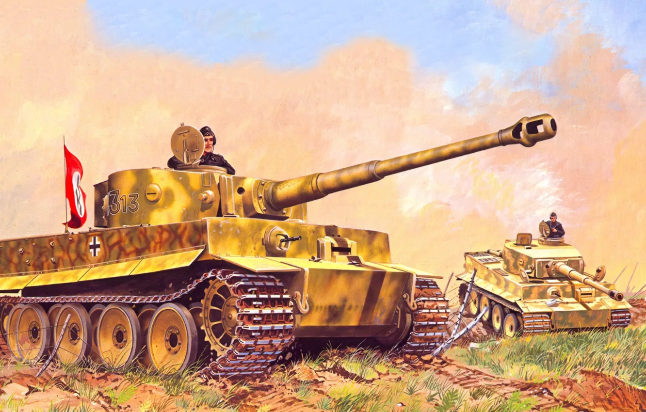 Photo wallpaper war, art, painting, tank, WW2, Panzerkampfwagen VI Tiger