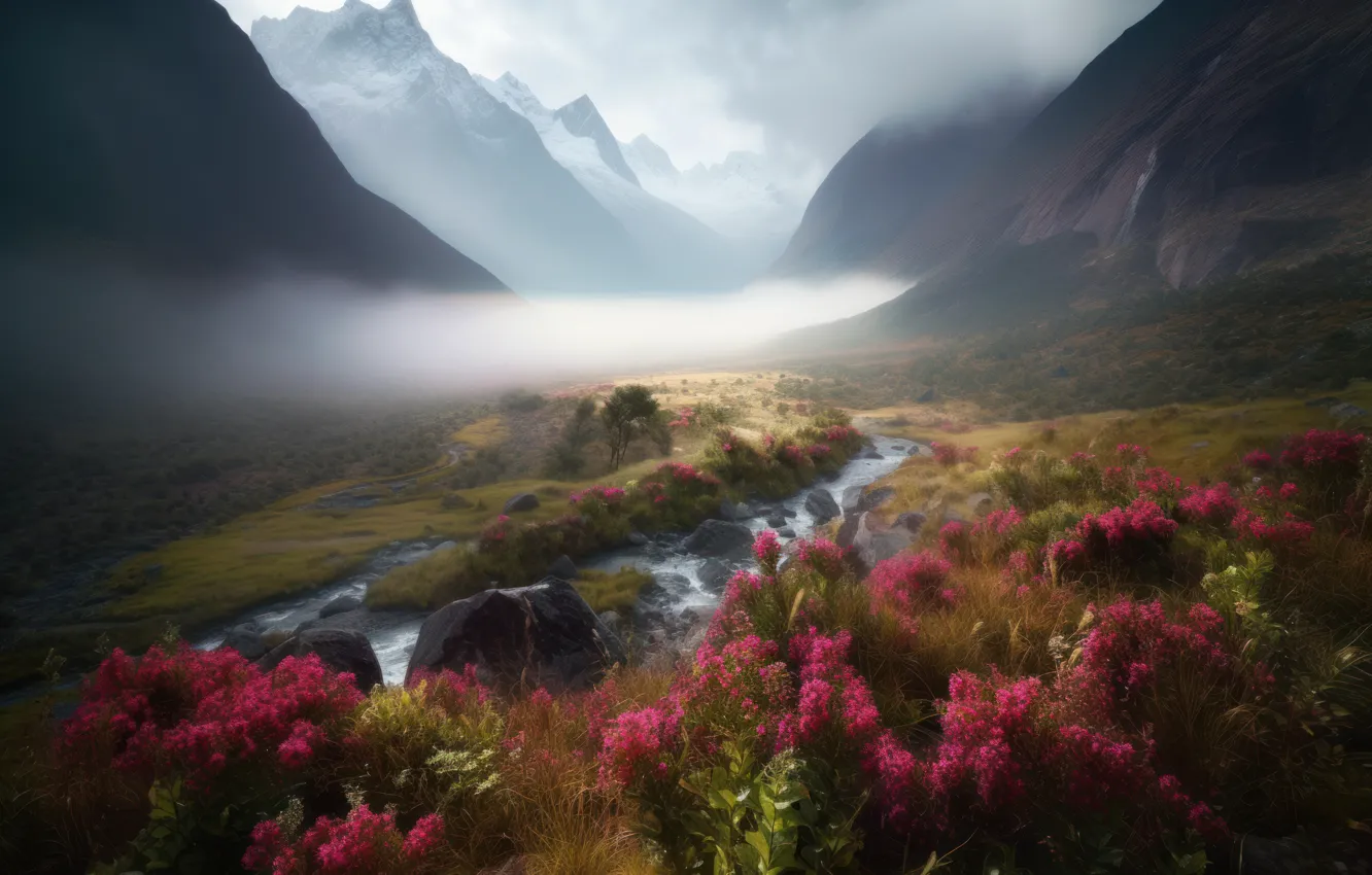 Photo wallpaper landscape, flowers, mountains, nature, fog, stream, stones, rendering