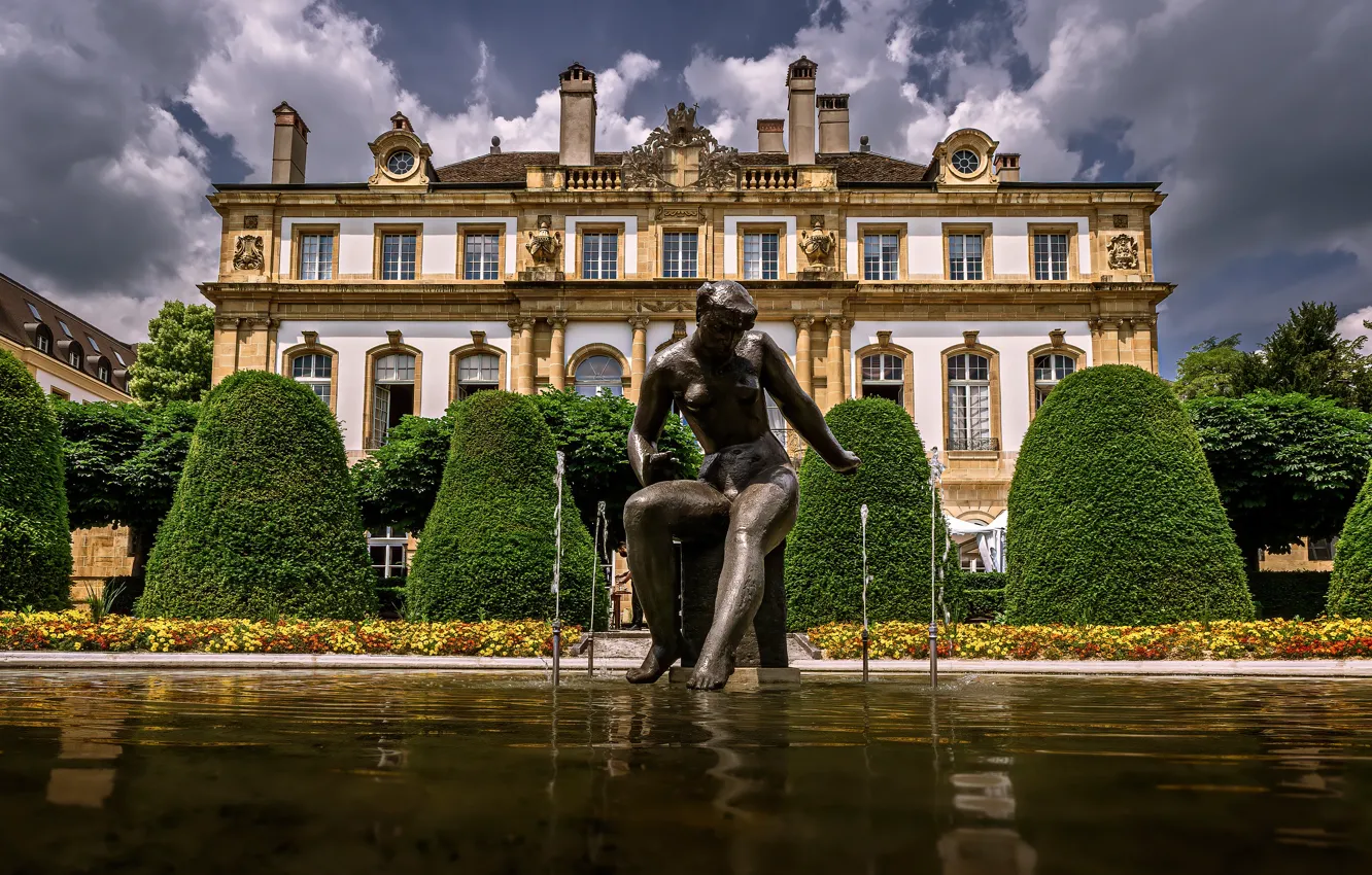 Photo wallpaper Park, building, Switzerland, fountain, sculpture, Switzerland, Neuchâtel, Neuchatel