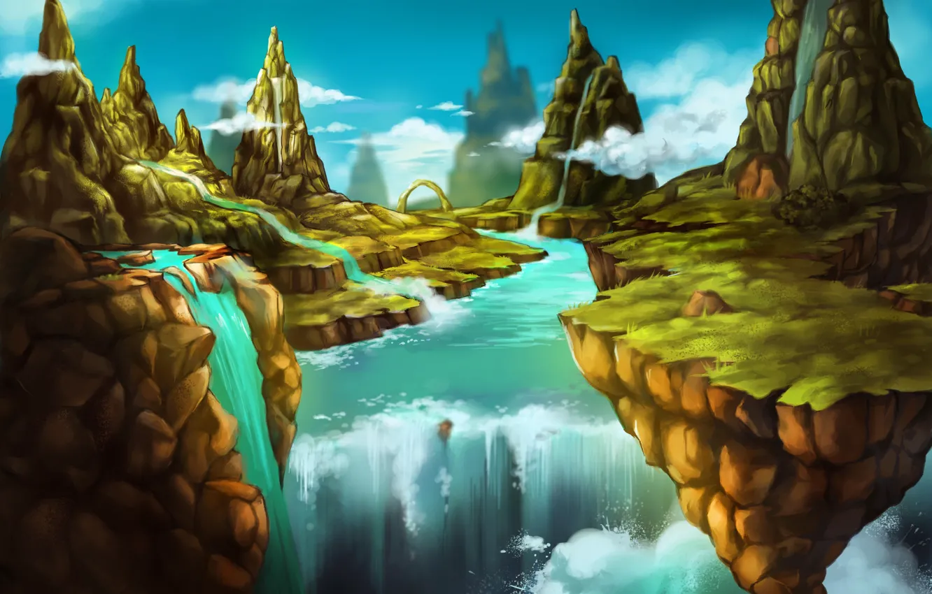 Photo wallpaper clouds, mountains, river, rocks, height, waterfall