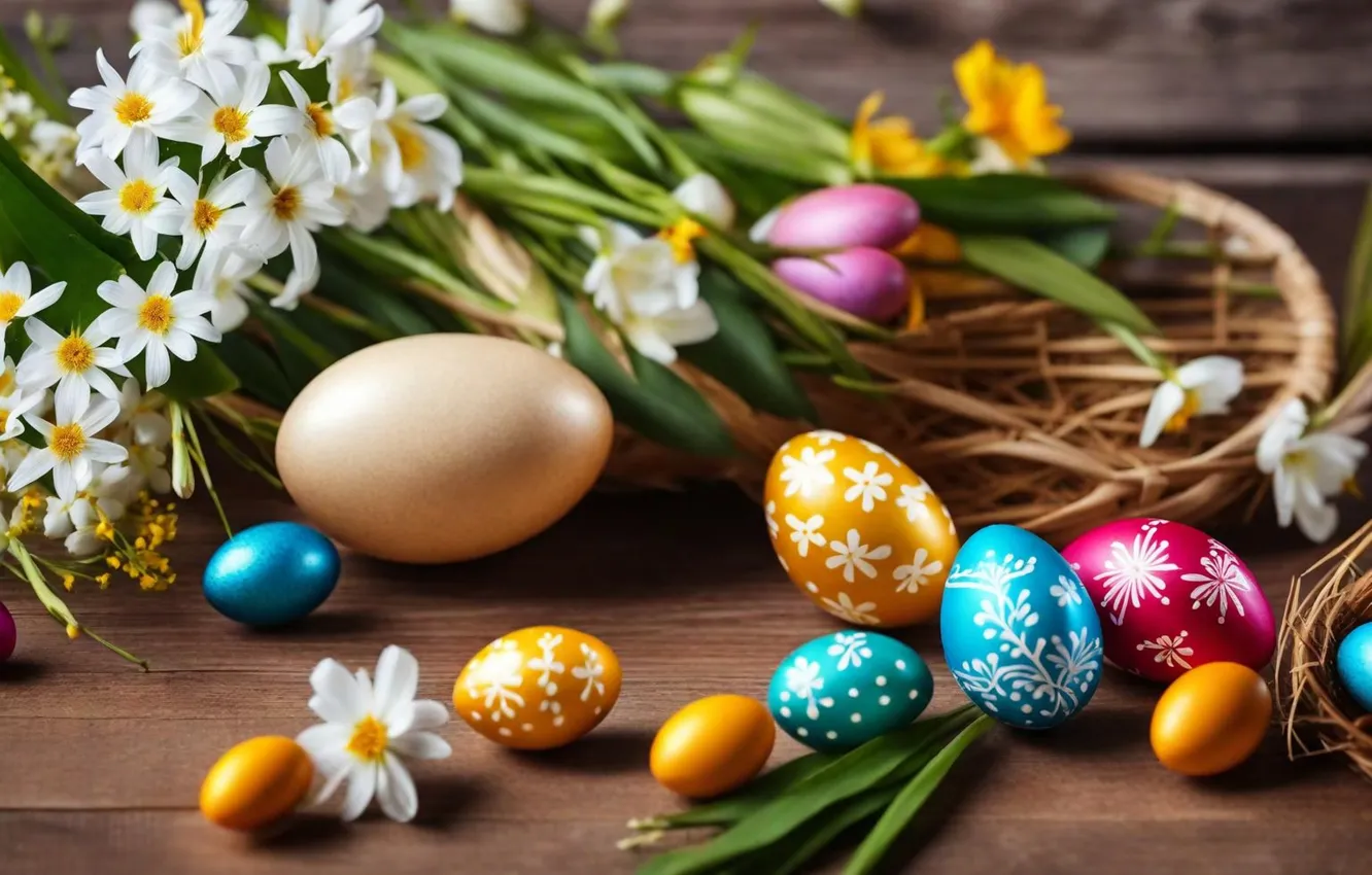 Photo wallpaper flowers, eggs, spring, colorful, Easter, flowers, spring, Easter