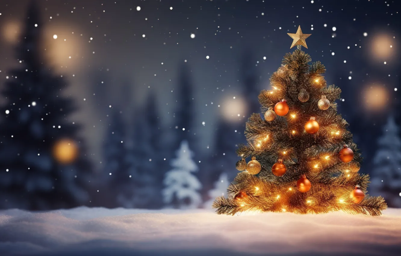 Photo wallpaper winter, snow, decoration, balls, tree, New Year, Christmas, new year