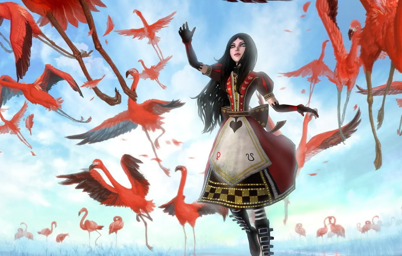 Photo wallpaper girl, bird, art, Alice, pink, Flamingo, Alice Madness Returns, phoenix-zhuzh