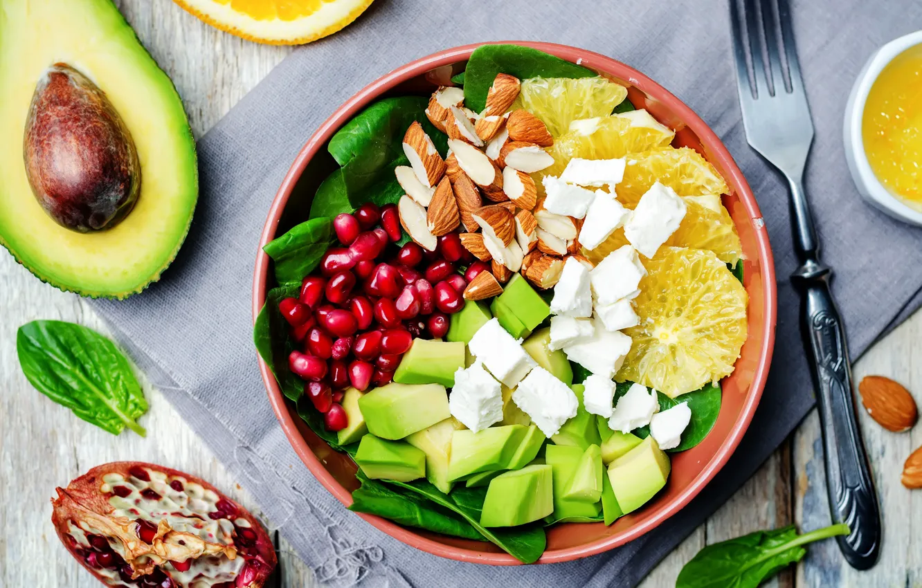 Photo wallpaper orange, cheese, nuts, garnet, avocado