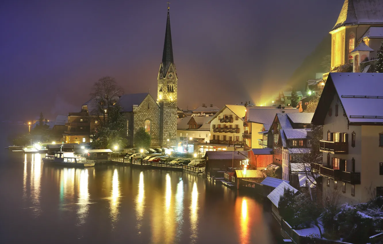 Photo wallpaper night, lake, photo, Austria, Hallstatt