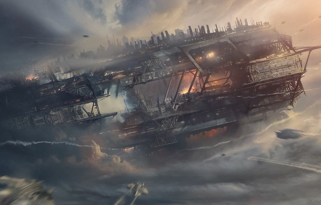 Photo wallpaper clouds, flight, ship, station, art, fighters, attack, in the sky