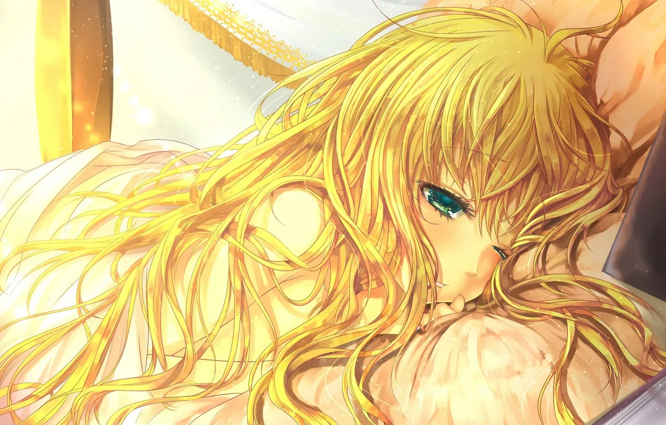 Photo wallpaper girl, hair, pillow, anime, art, maryquant