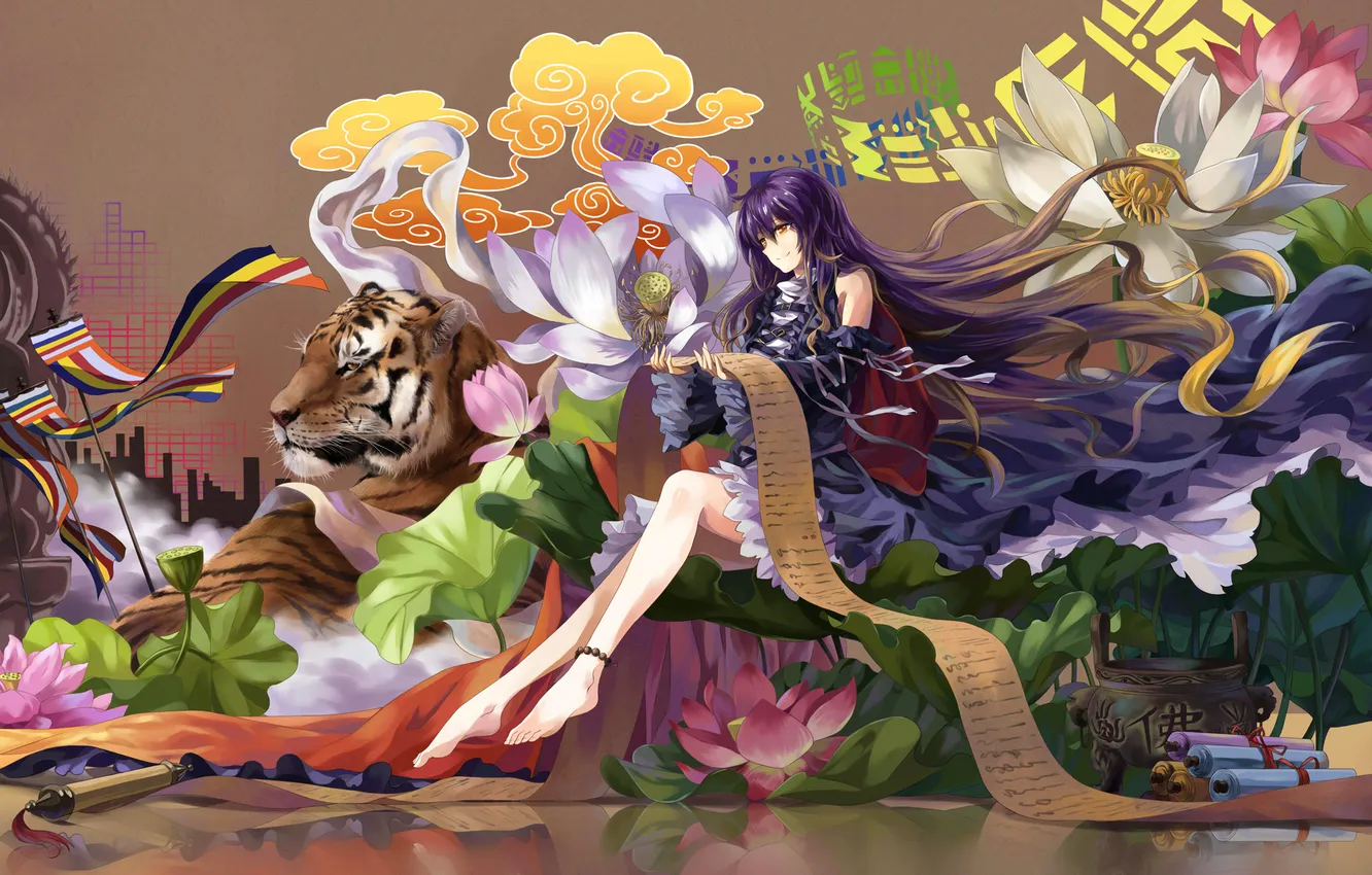 Photo wallpaper girl, flowers, tiger, smile, mood, touhou, nothing, art