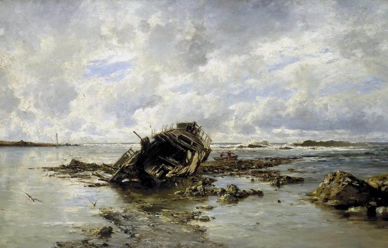 Photo wallpaper picture, seascape, Carlos de Haes, The Wreck Of The Ship