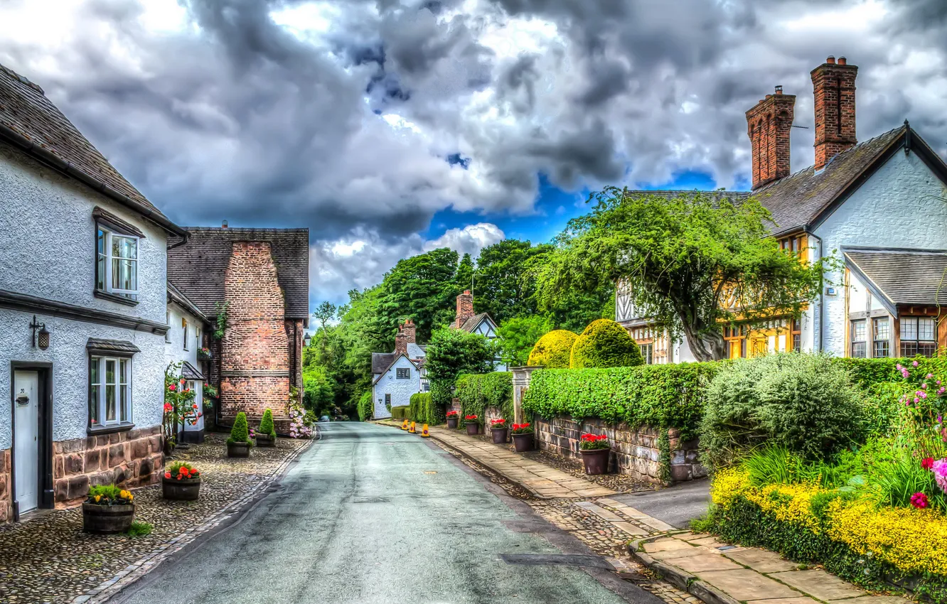 Photo wallpaper clouds, trees, flowers, design, street, home, treatment, UK
