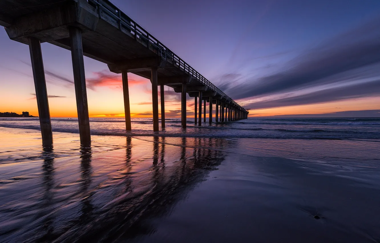 Photo wallpaper sea, sunset, bridge