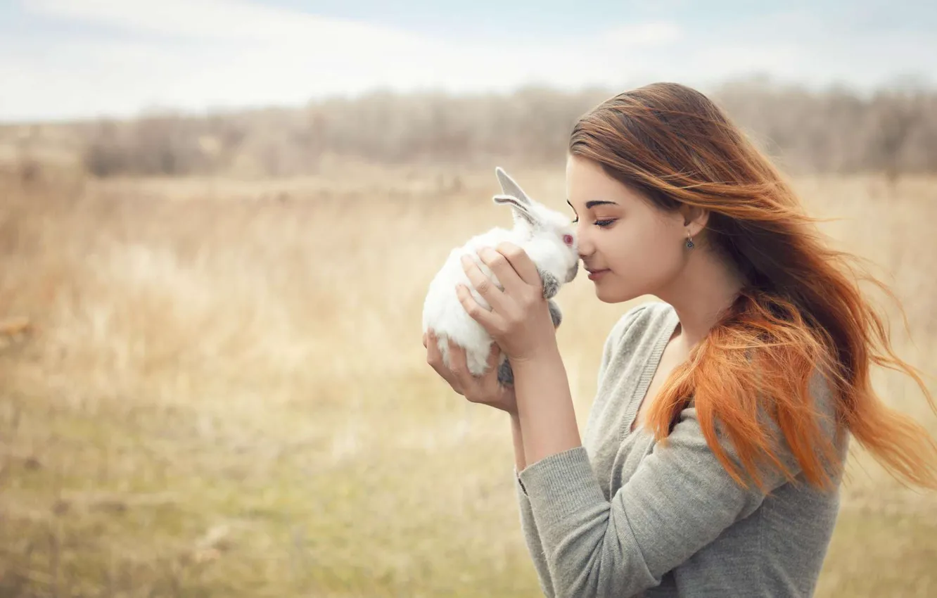 Photo wallpaper field, white, girl, love, pose, spring, hands, rabbit
