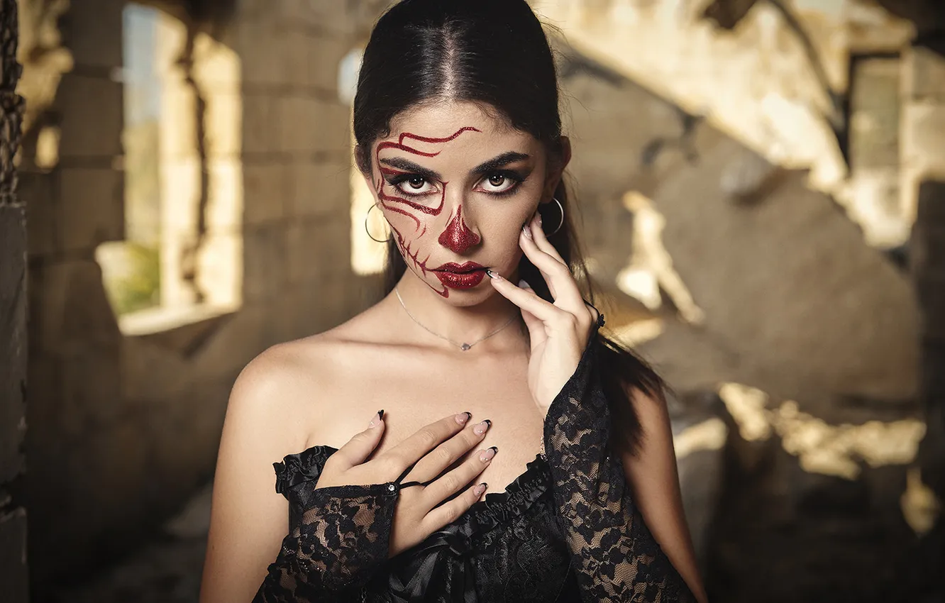 Photo wallpaper look, girl, face, style, portrait, makeup, brunette, Halloween
