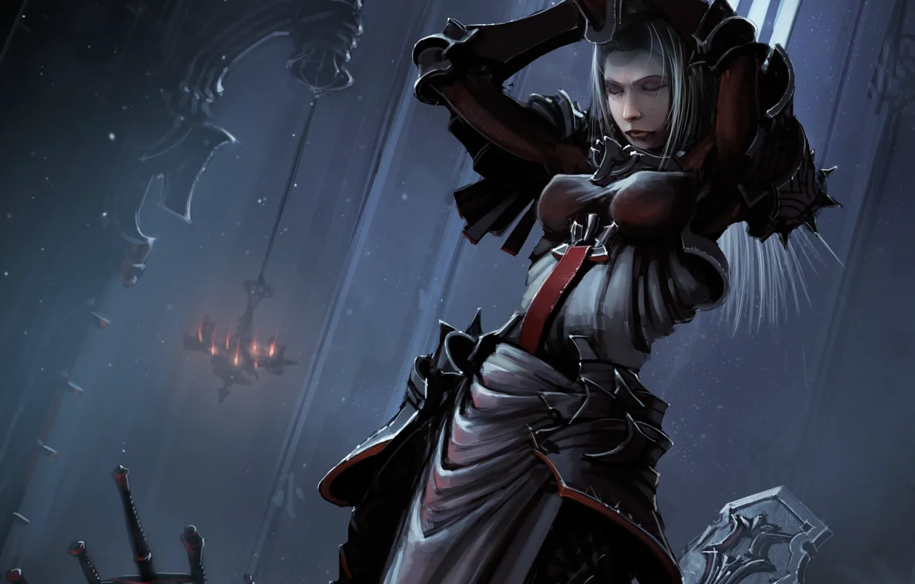 Photo wallpaper girl, temple, helmet, shield, Diablo III, Reaper of Souls, Crusader