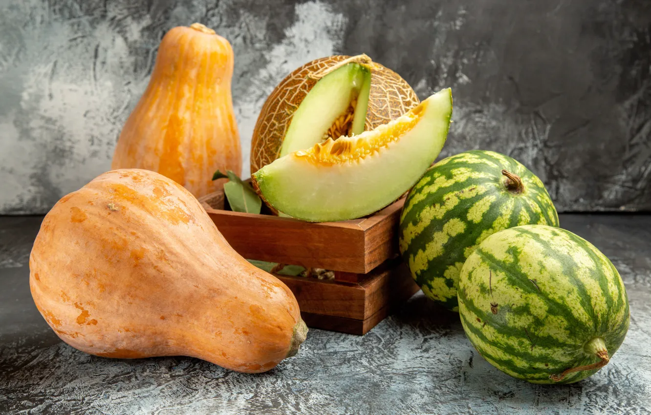 Photo wallpaper watermelon, pumpkin, slices, slices, composition, melon